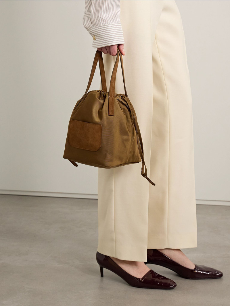 KHAITE Rory suede-trimmed shell bucket bag Army green outlook