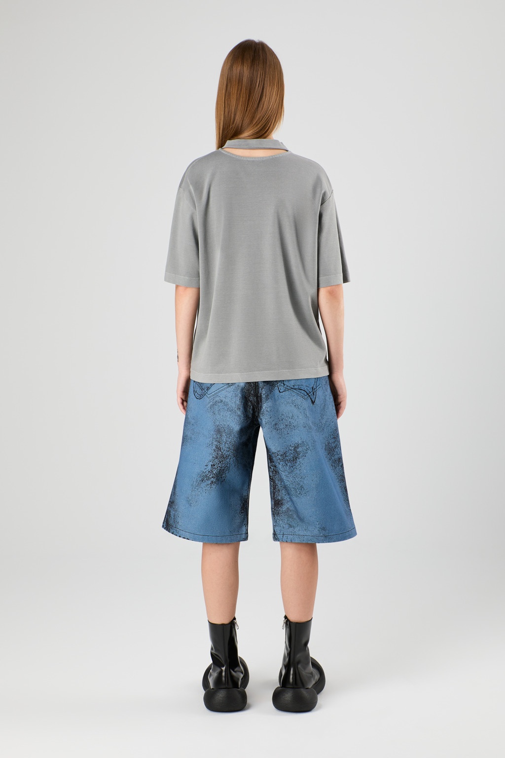 Dark Blue-Black Distorted Print Denim Shorts - 5