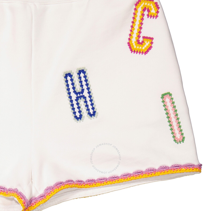Moschino Ladies Fantasy Print White Logo-Embroidered Lace-Trim Shorts - 7