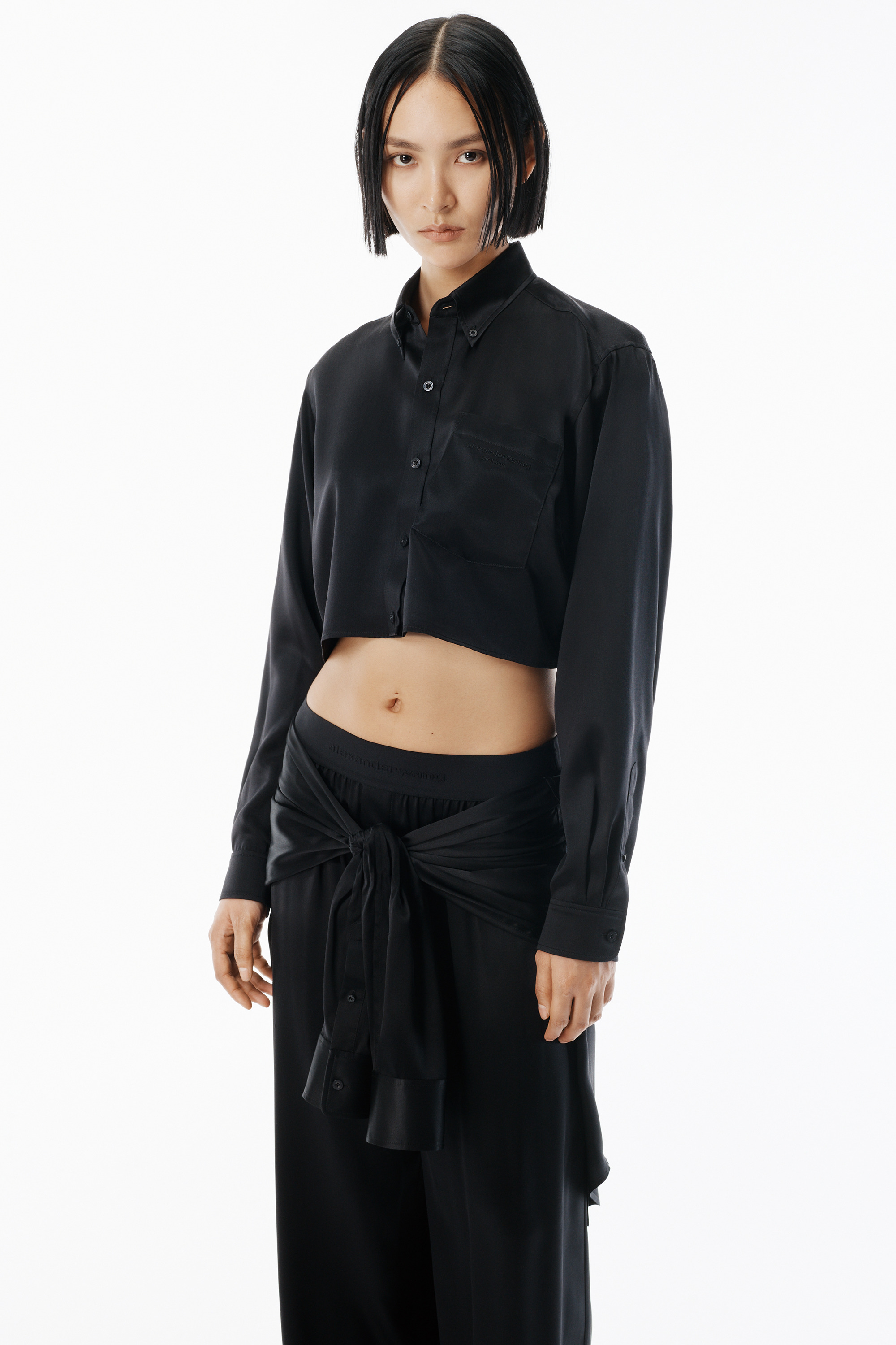 Black Silk Charmeuse Cropped Shirt - 3