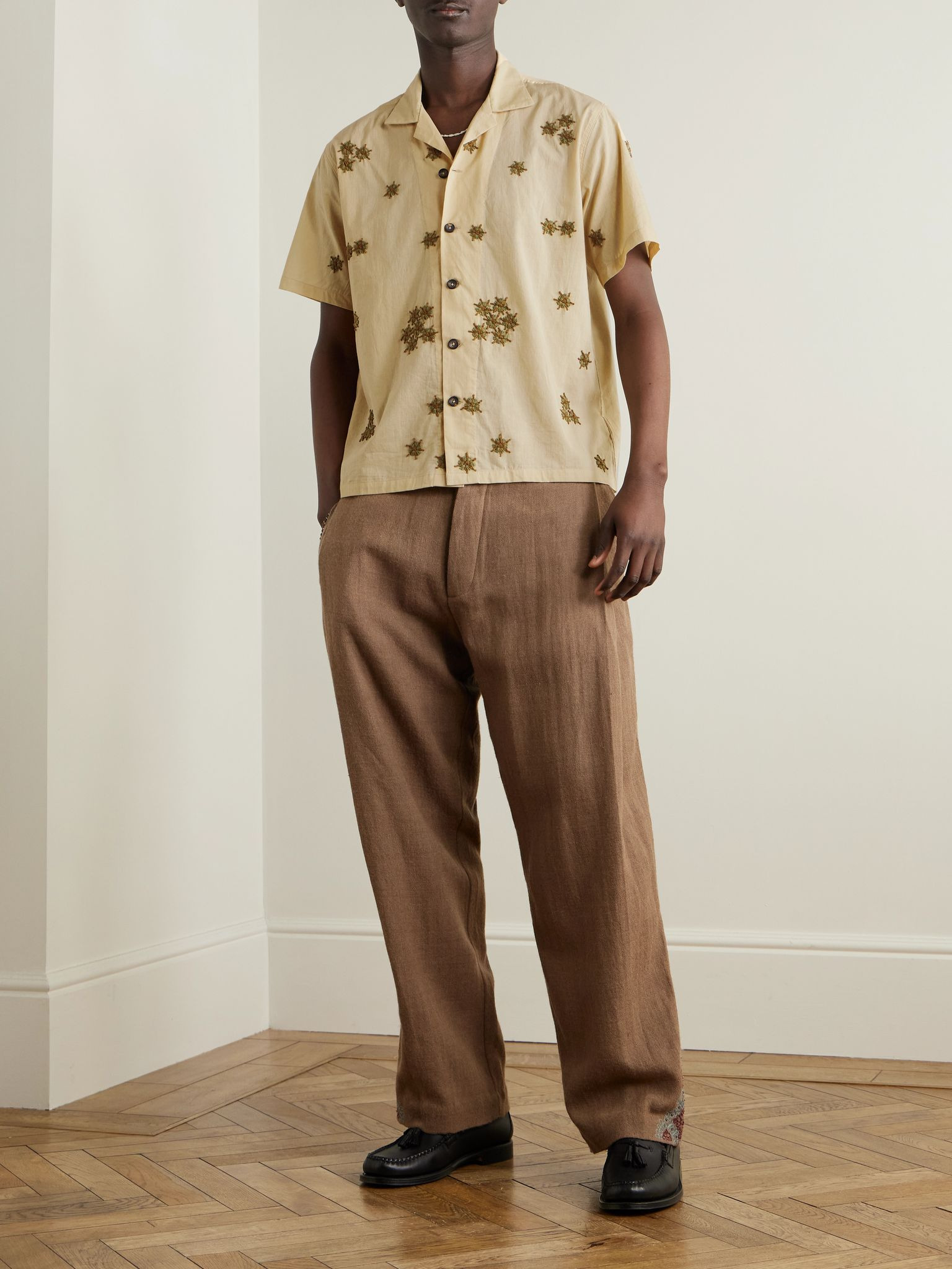 Camp-Collar Embroidered Cotton Shirt Cream - 2