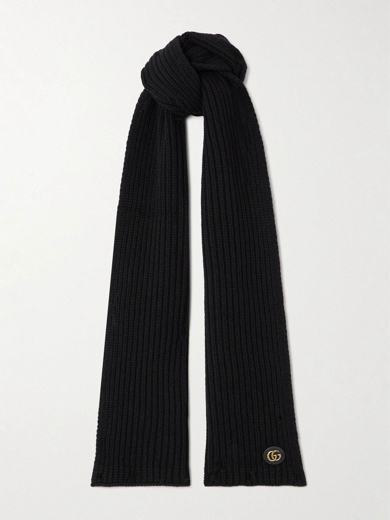 Embellished leather-trimmed ribbed wool and cashmere-blend scarf Black - 1