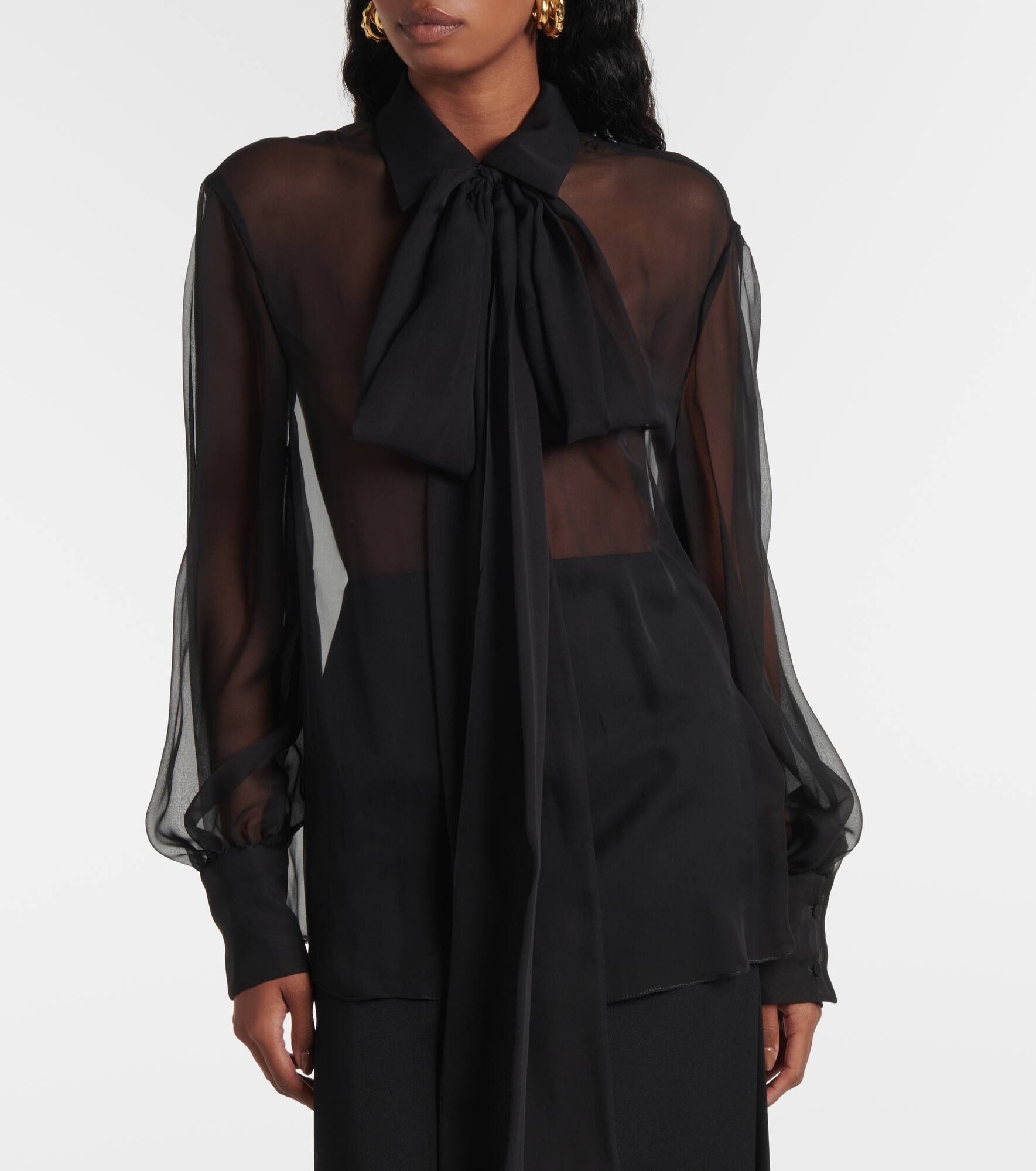 Scarf-detail sheer silk chiffon blouse - 5