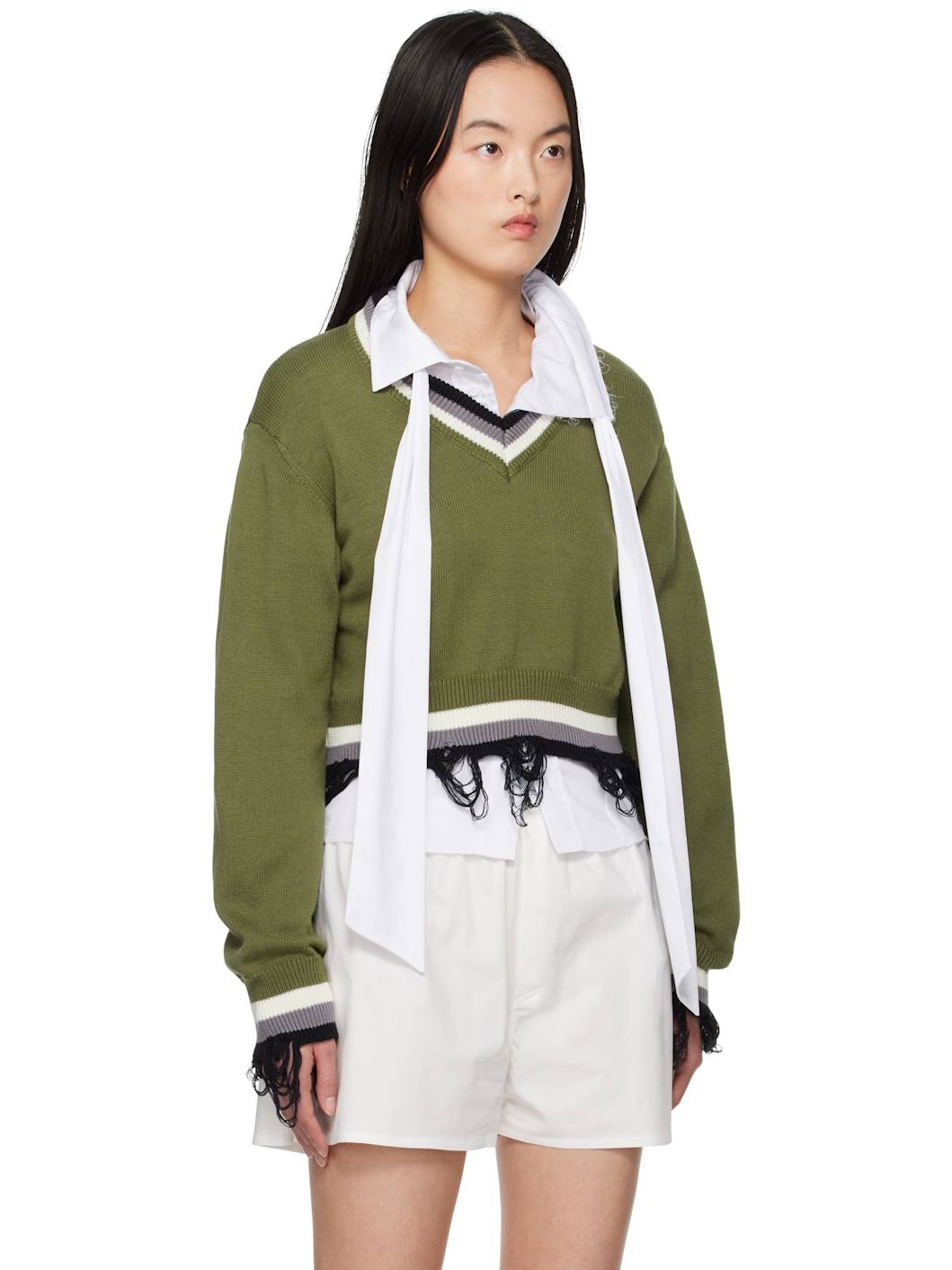 Green Cropped V-neck Sweater - 2