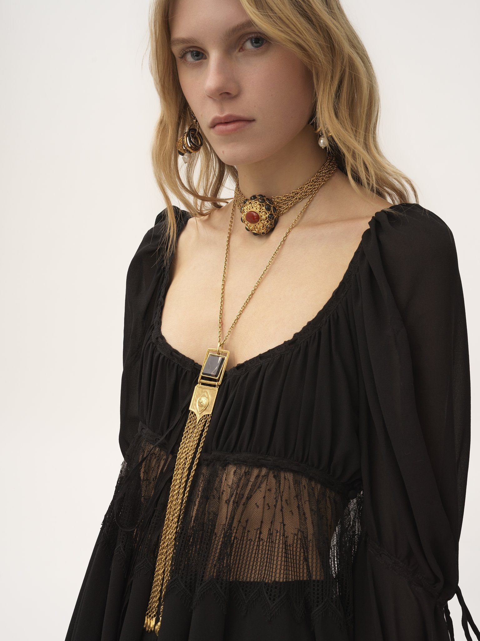 SCOOP-NECK PUFF-SLEEVE TOP IN SILK GEORGETTE & LACE - 7