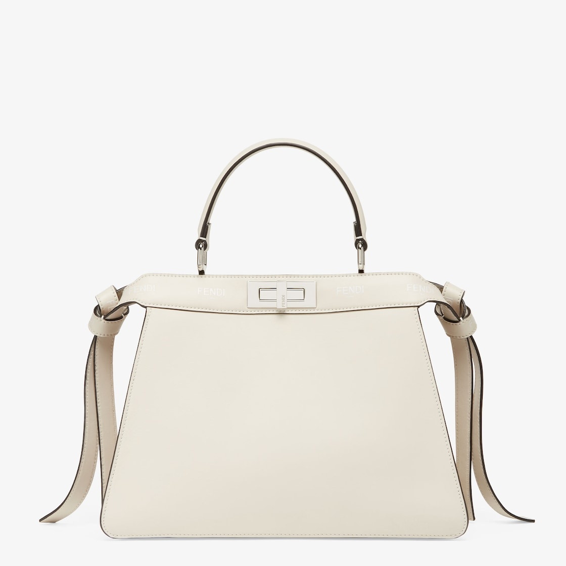 Iconic medium Peekaboo ISeeU bag, made of off-white leather with long knotted side laces, printed wi - 5
