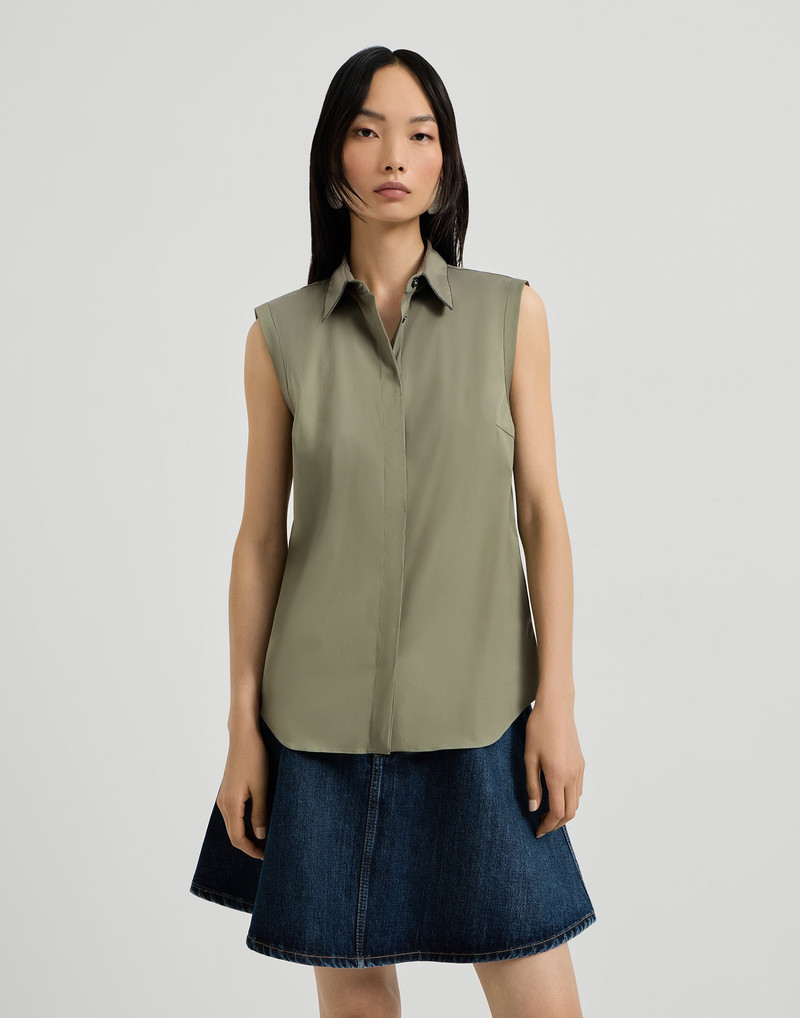 Brunello Cucinelli Stretch cotton poplin sleeveless shirt with shiny trim outlook