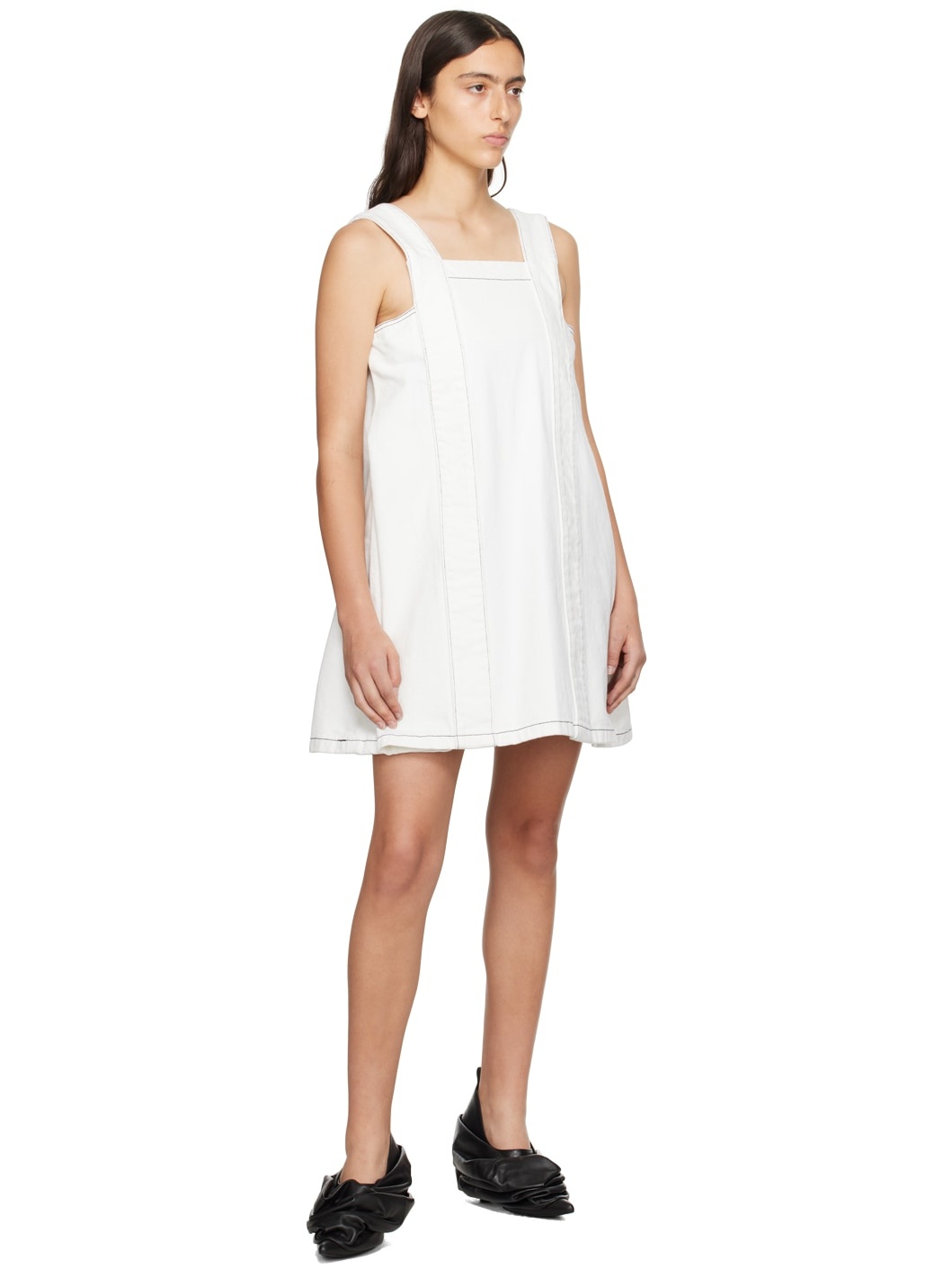 White Square Neck Denim Minidress - 4
