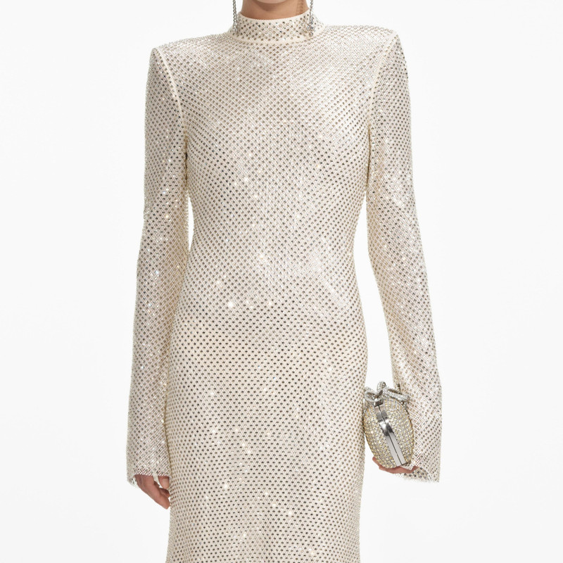 Cream Square Rhinestone Fishnet Midi Dress 4