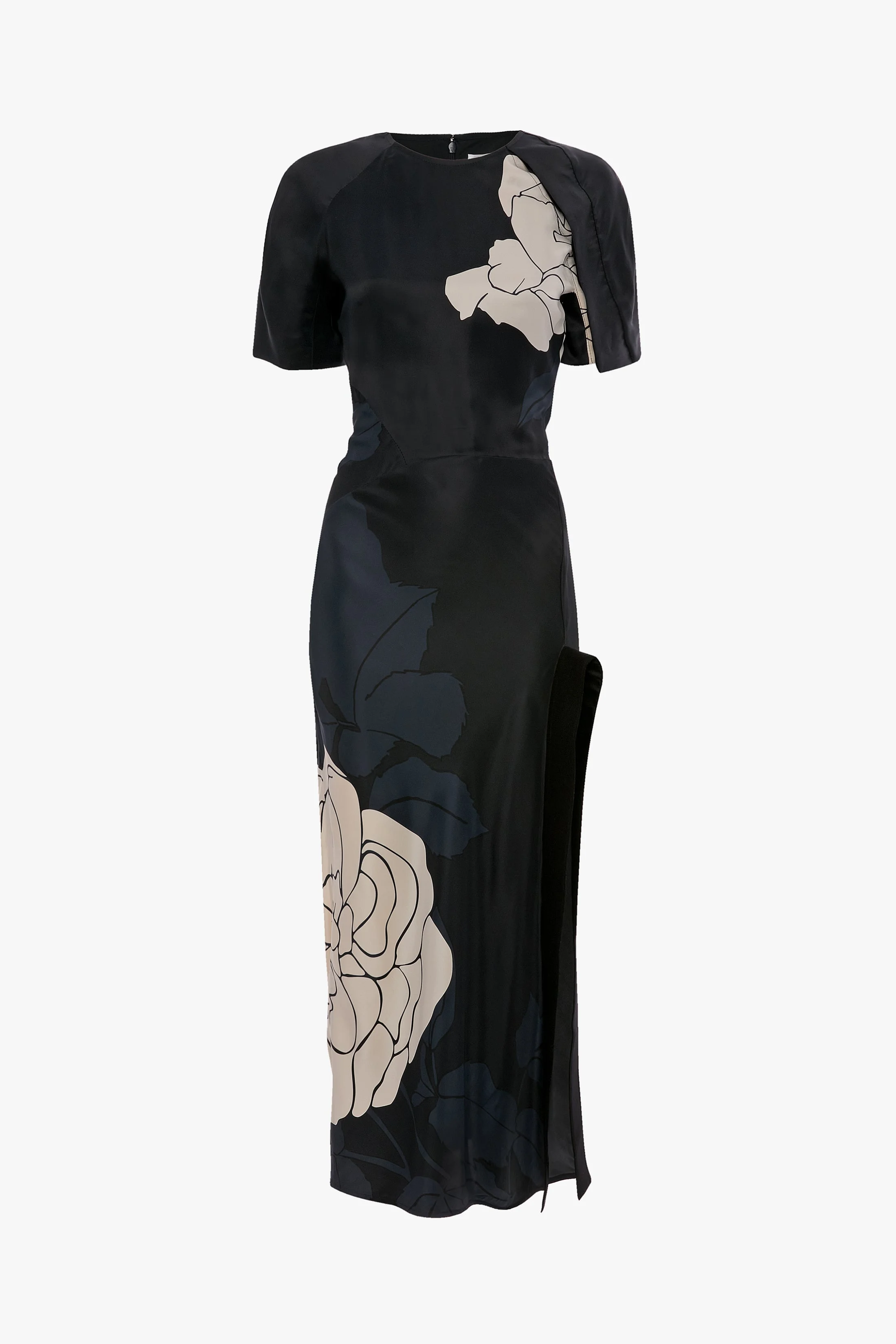 Split Hem Midi Dress In Dark Navy Floral Print - 1