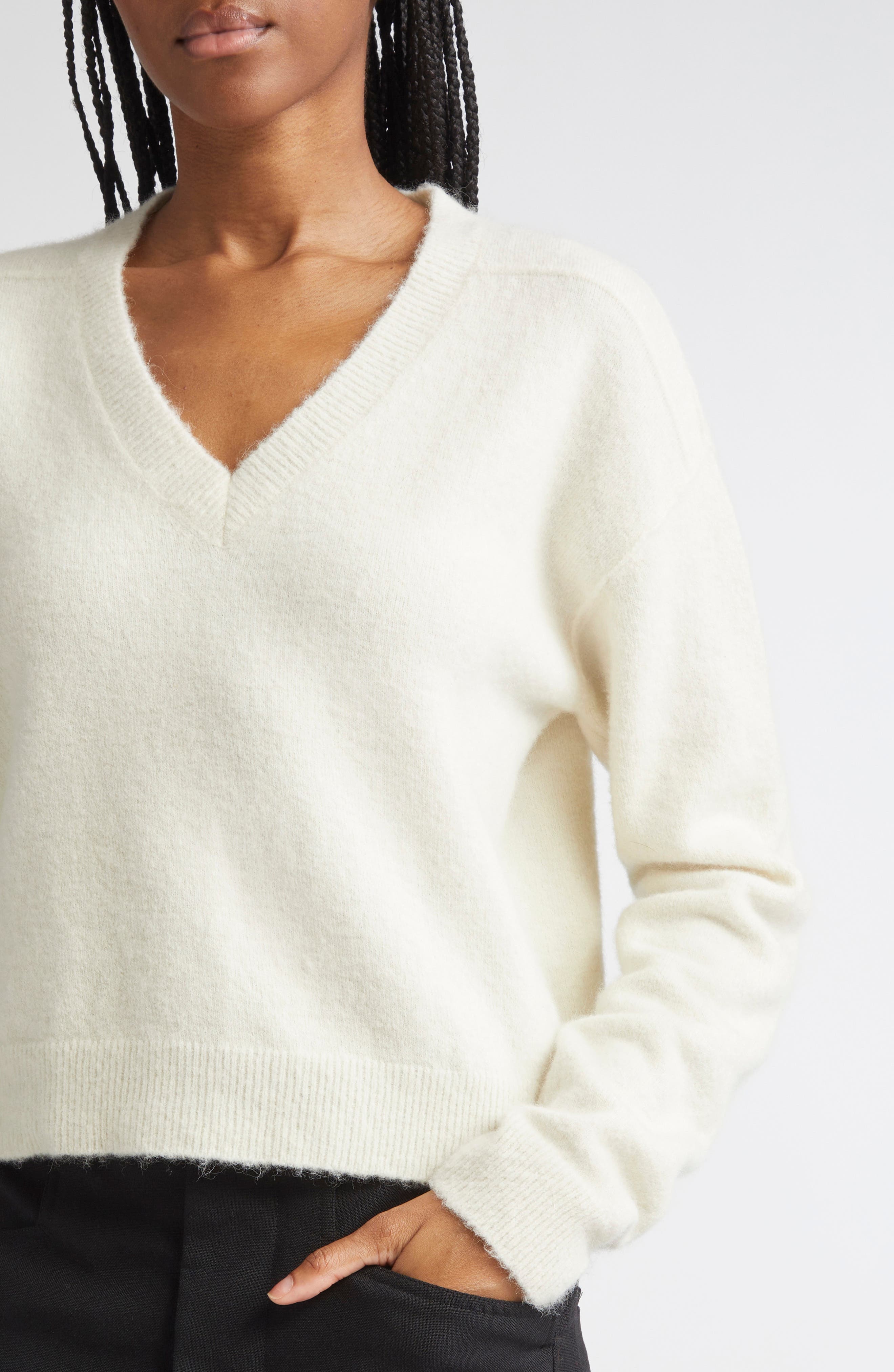 Rick Owens Tommy Alpaca & Wool Blend V-Neck Sweater in Milk at Nordstrom - 4
