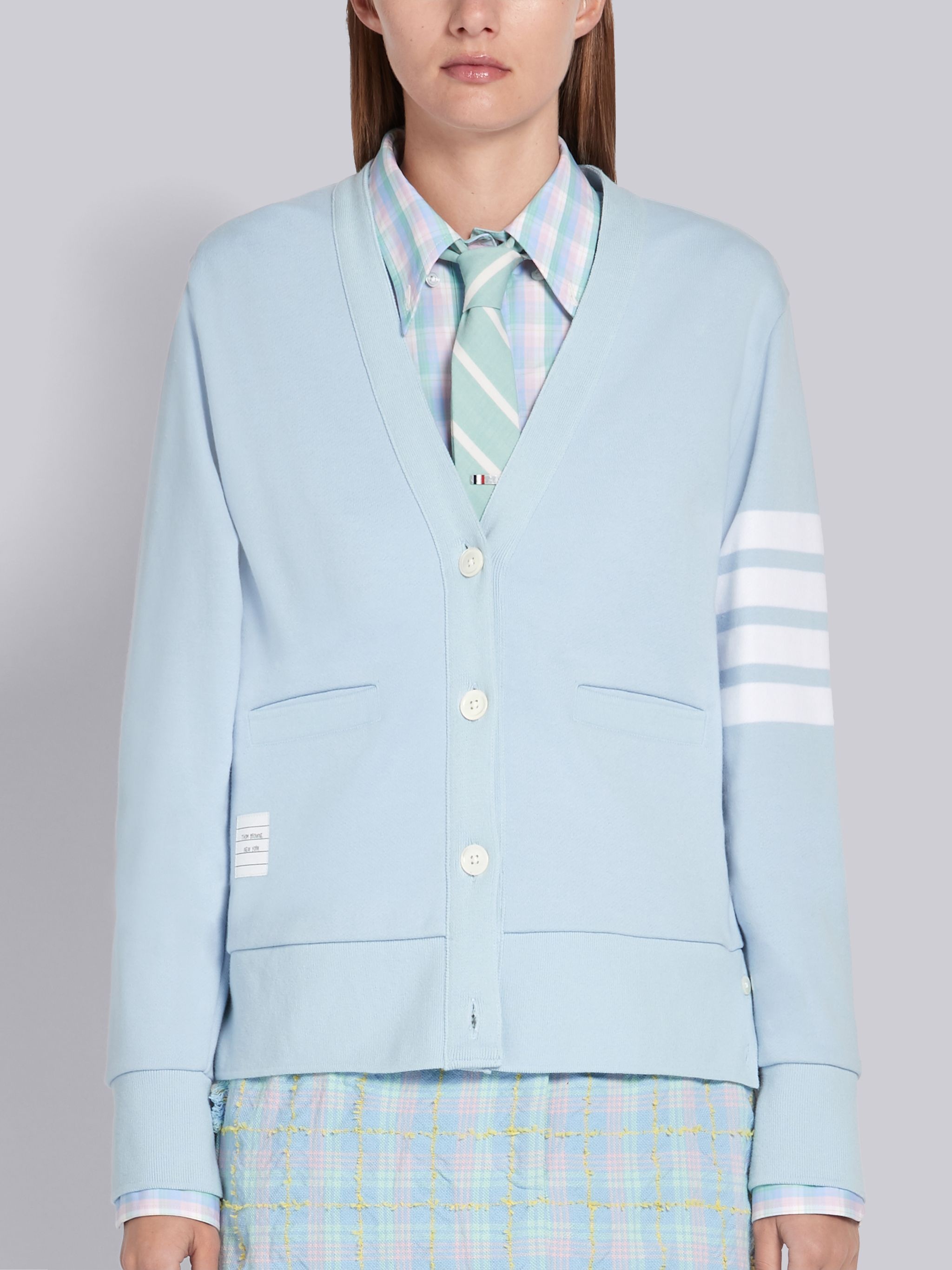 Light Blue Classic Loop Back V-Neck 4-Bar Cardigan - 1