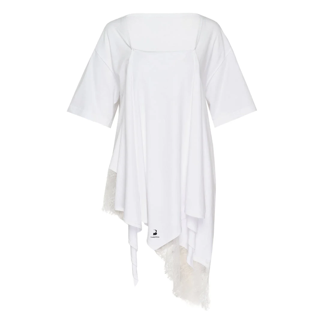 White Asymmetric Lace Scarf Tee - 1