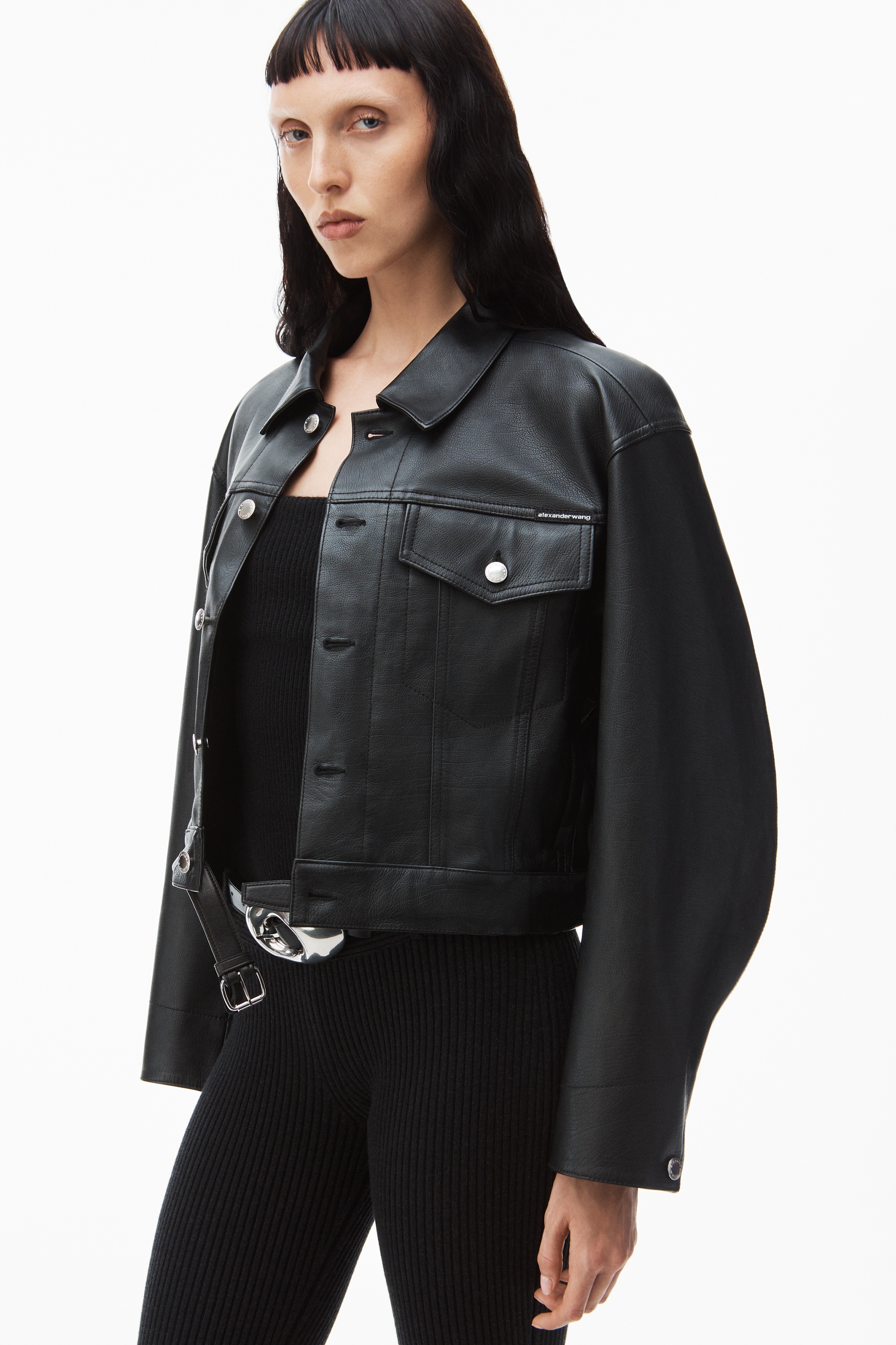 leather jacket with belted waist - 3