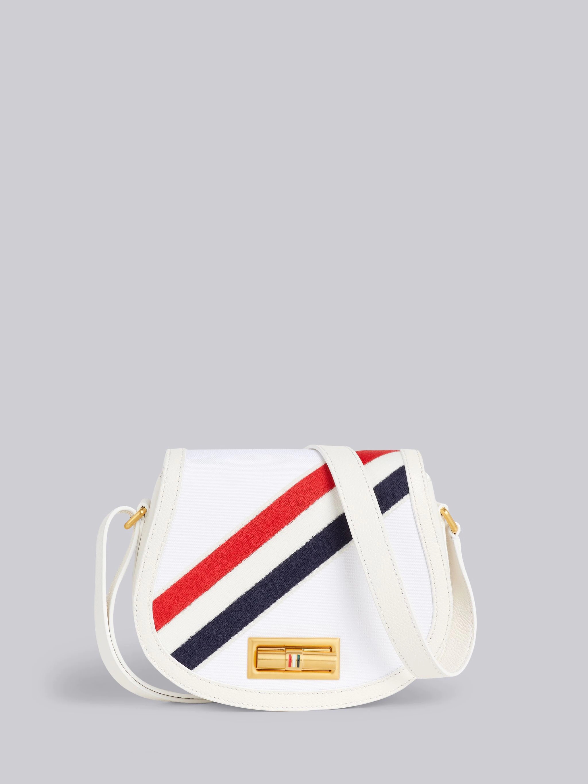 White Cotton Canvas Calfskin Leather Embroidered Diagonal Stripe Small Shoulder Saddle Bag - 1