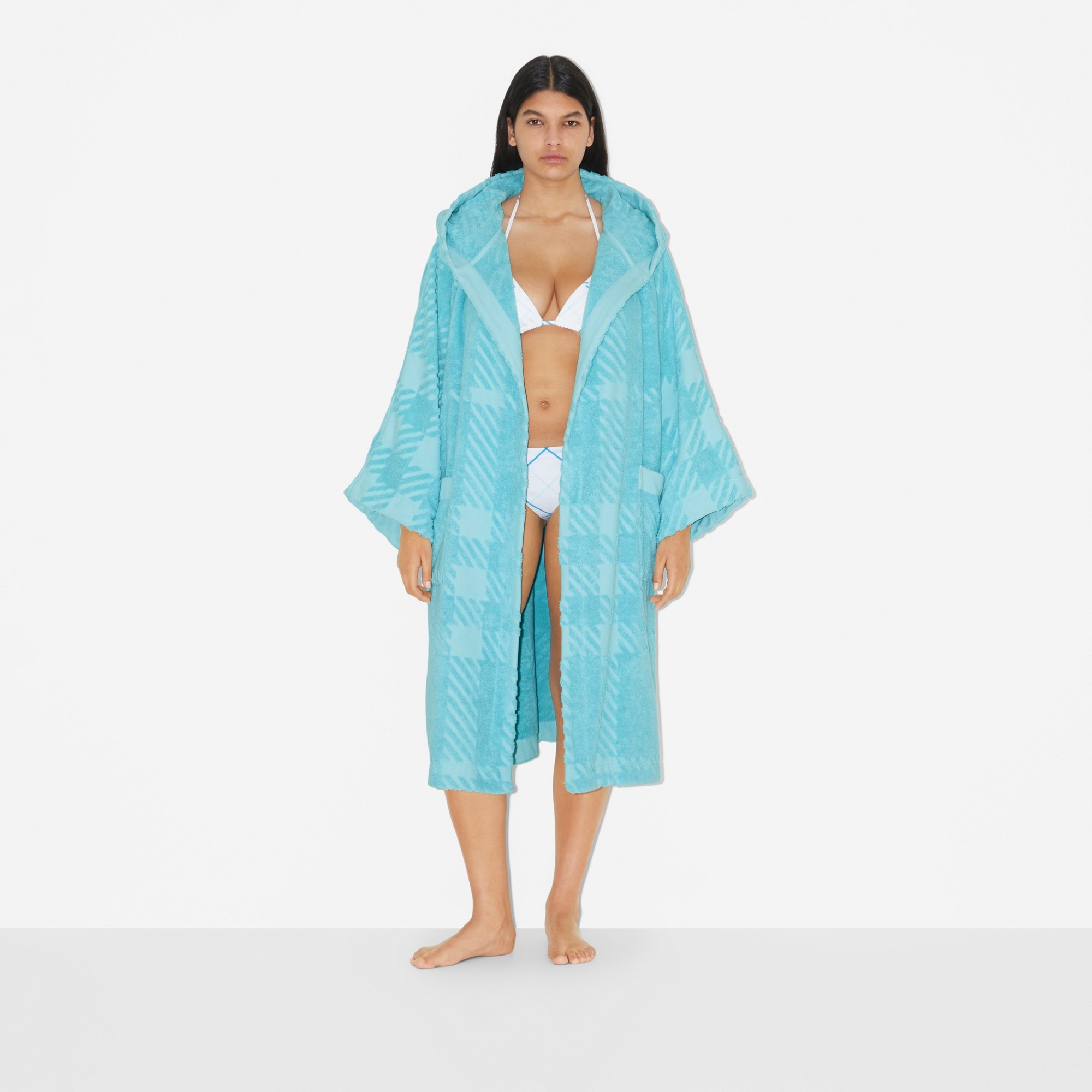 Check Cotton Jacquard Hooded Robe - 4