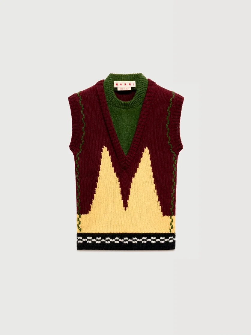 BURGUNDY WOOL LAYERED VEST WITH M INTARSIA - 1