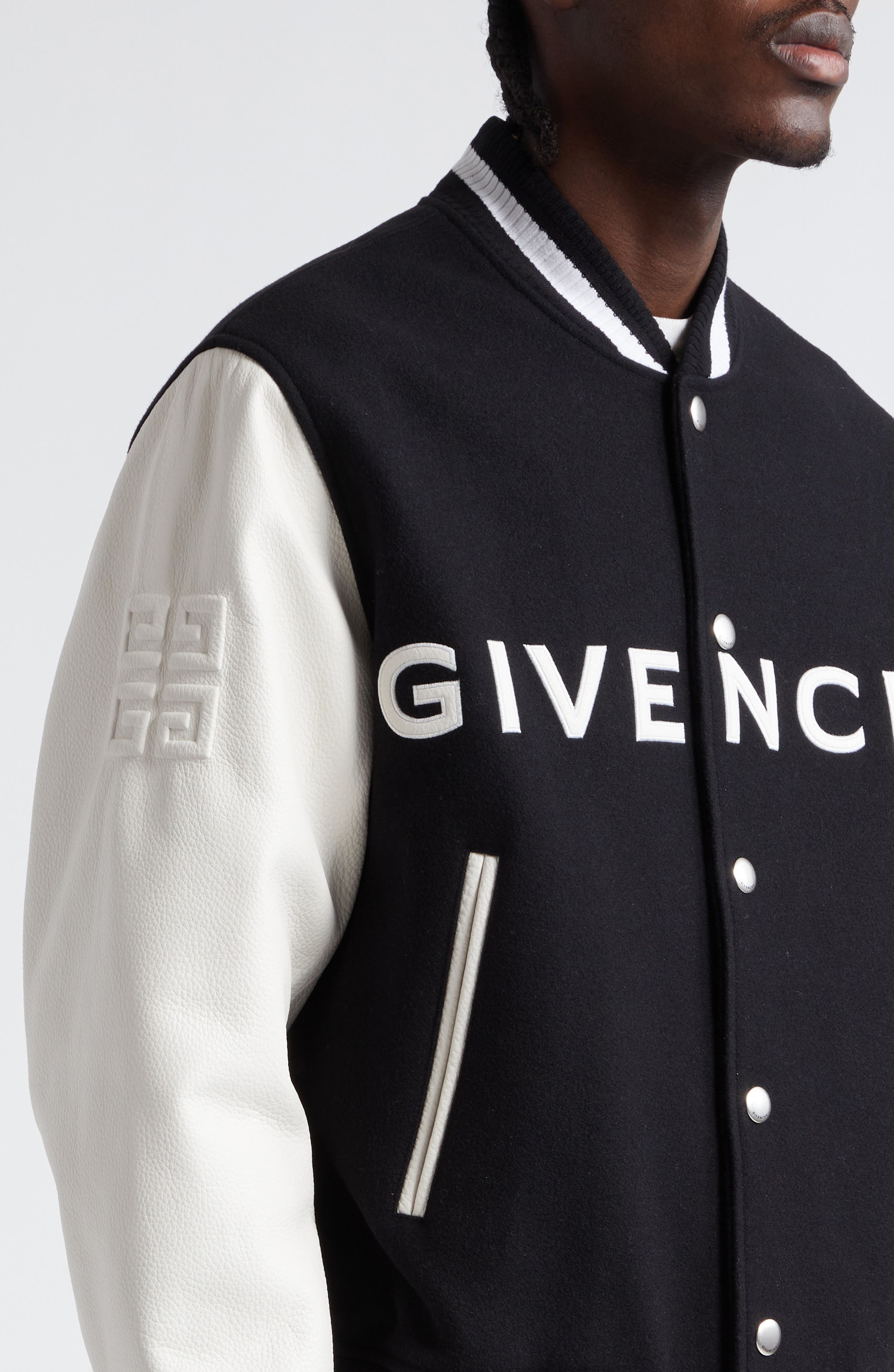 Givenchy Embroidered Logo Mixed Media Leather & Wool Blend Varsity Jacket in Black/White at Nordstro - 5