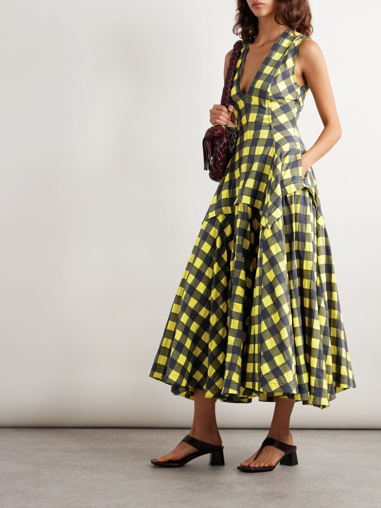 Pleated paneled checked cotton midi dress Multi - 2