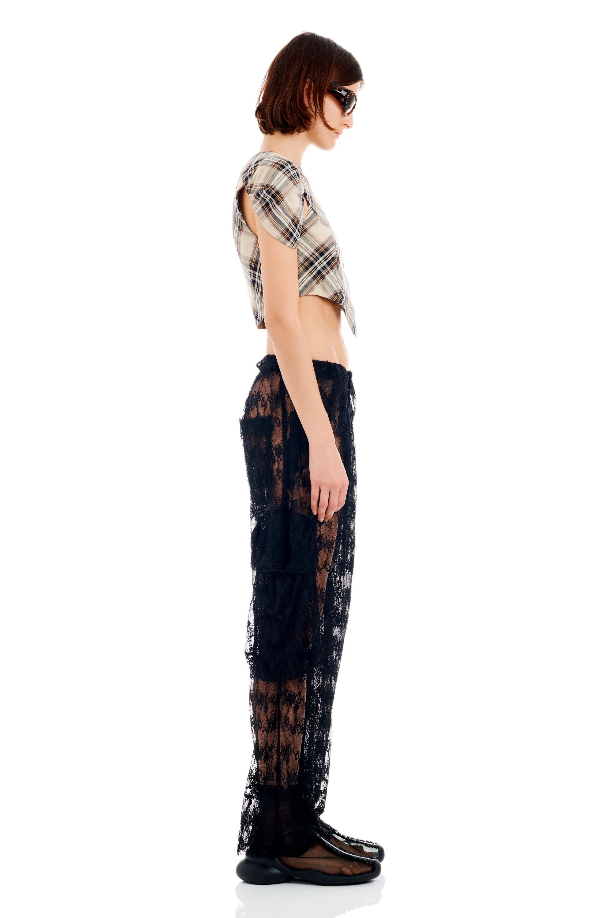 BLACK LACE PLEATED CARGO PANT - 4