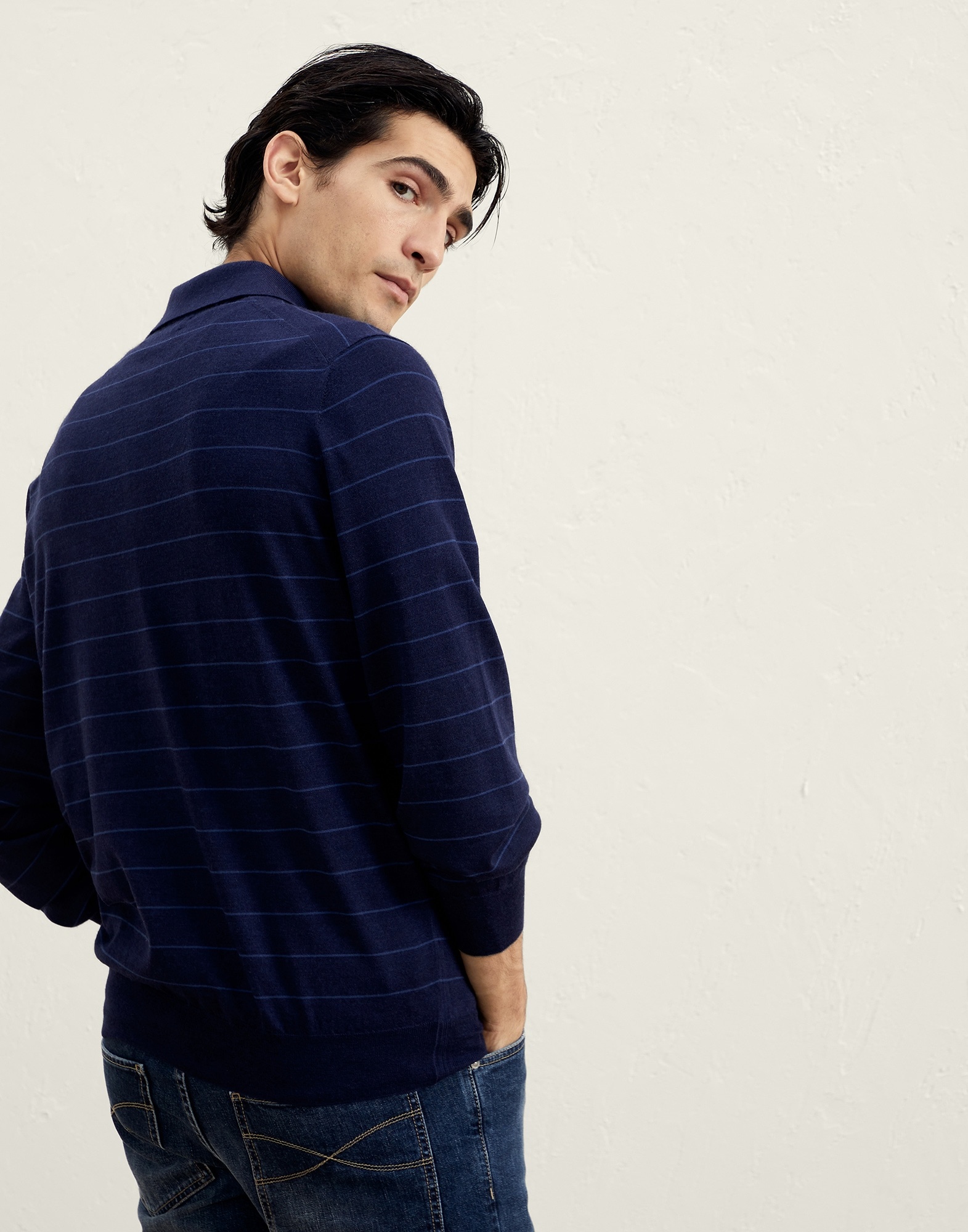 Striped lightweight polo-style sweater in virgin wool and cashmere - 2