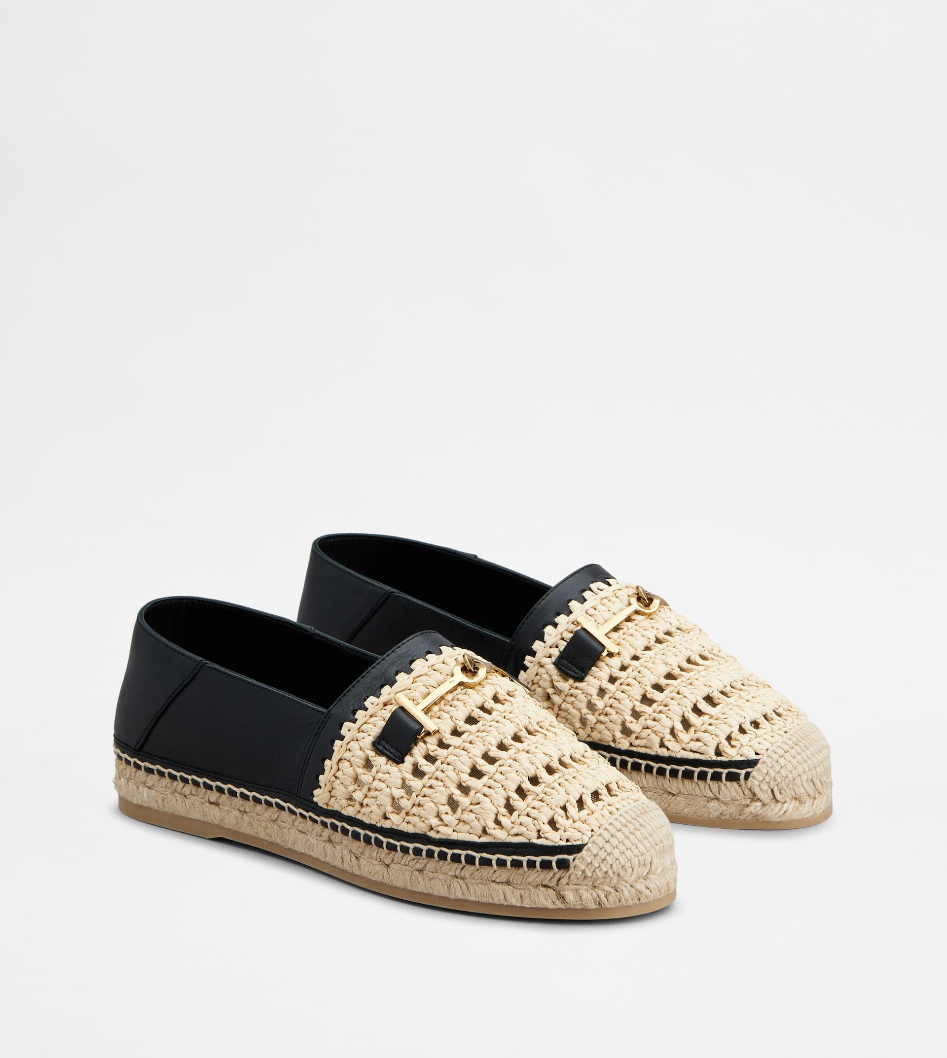 ESPADRILLES IN LEATHER AND FABRIC - BLACK, BEIGE - 3