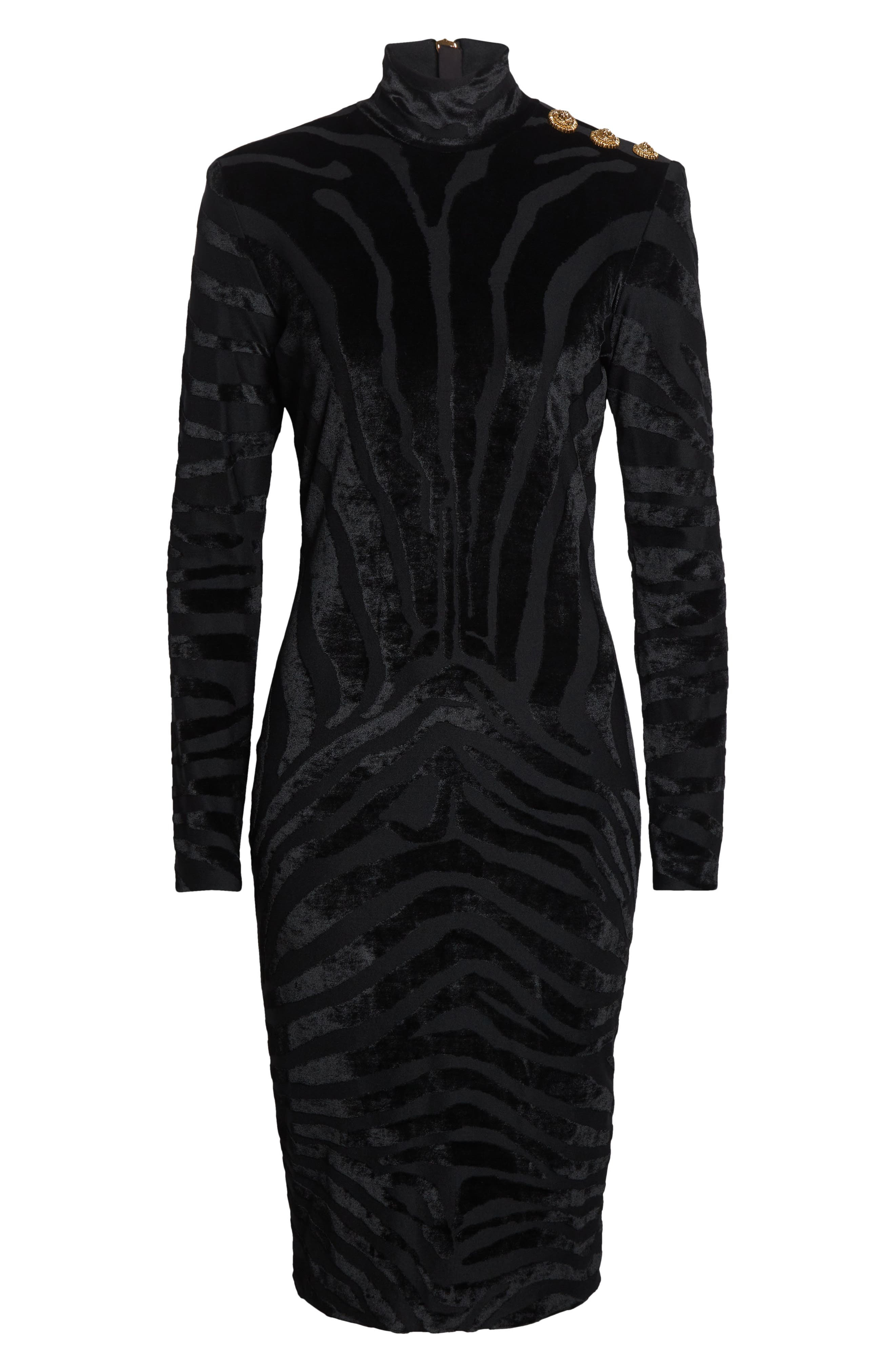 Balmain Zebra Stripe Long Sleeve Velvet Body-Con Dress in 0Pa Black at Nordstrom - 1
