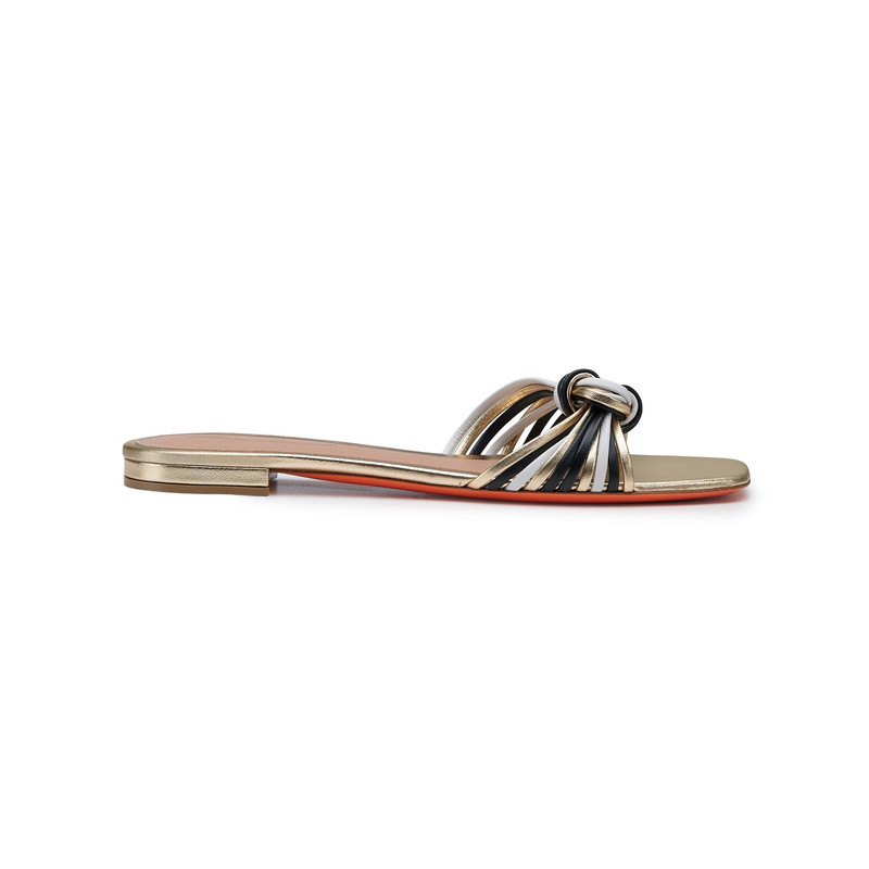 Women's gold, black and white leather slide sandal 1
