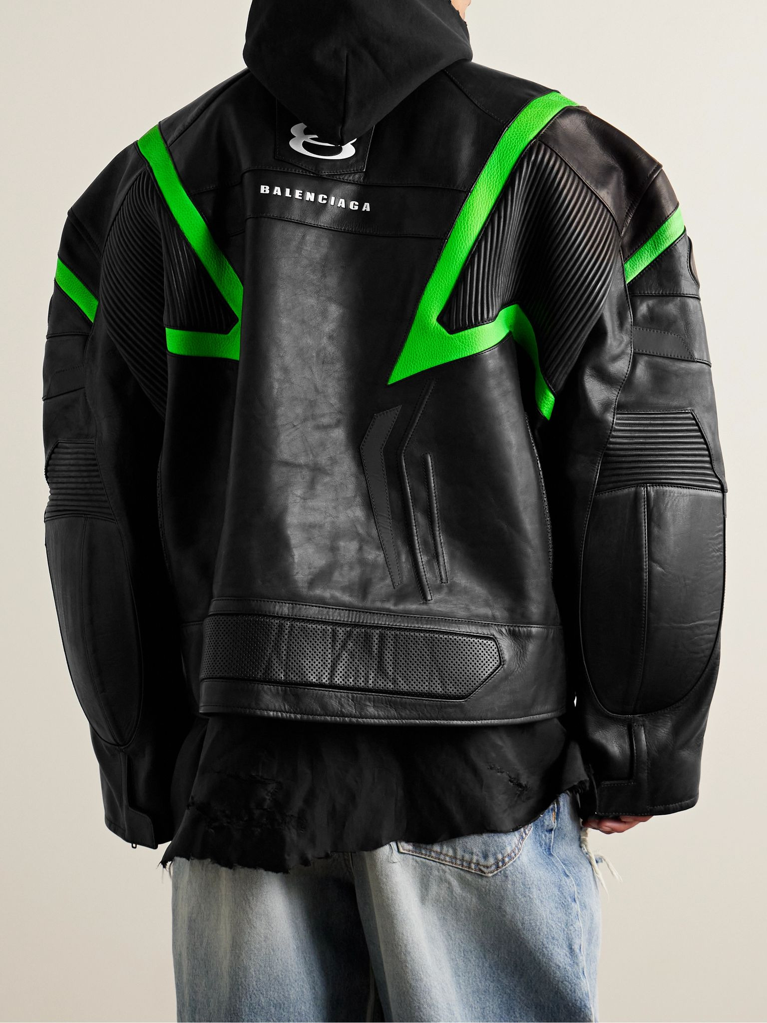 Racer Oversized Distressed Panelled Leather Jacket Black - 3