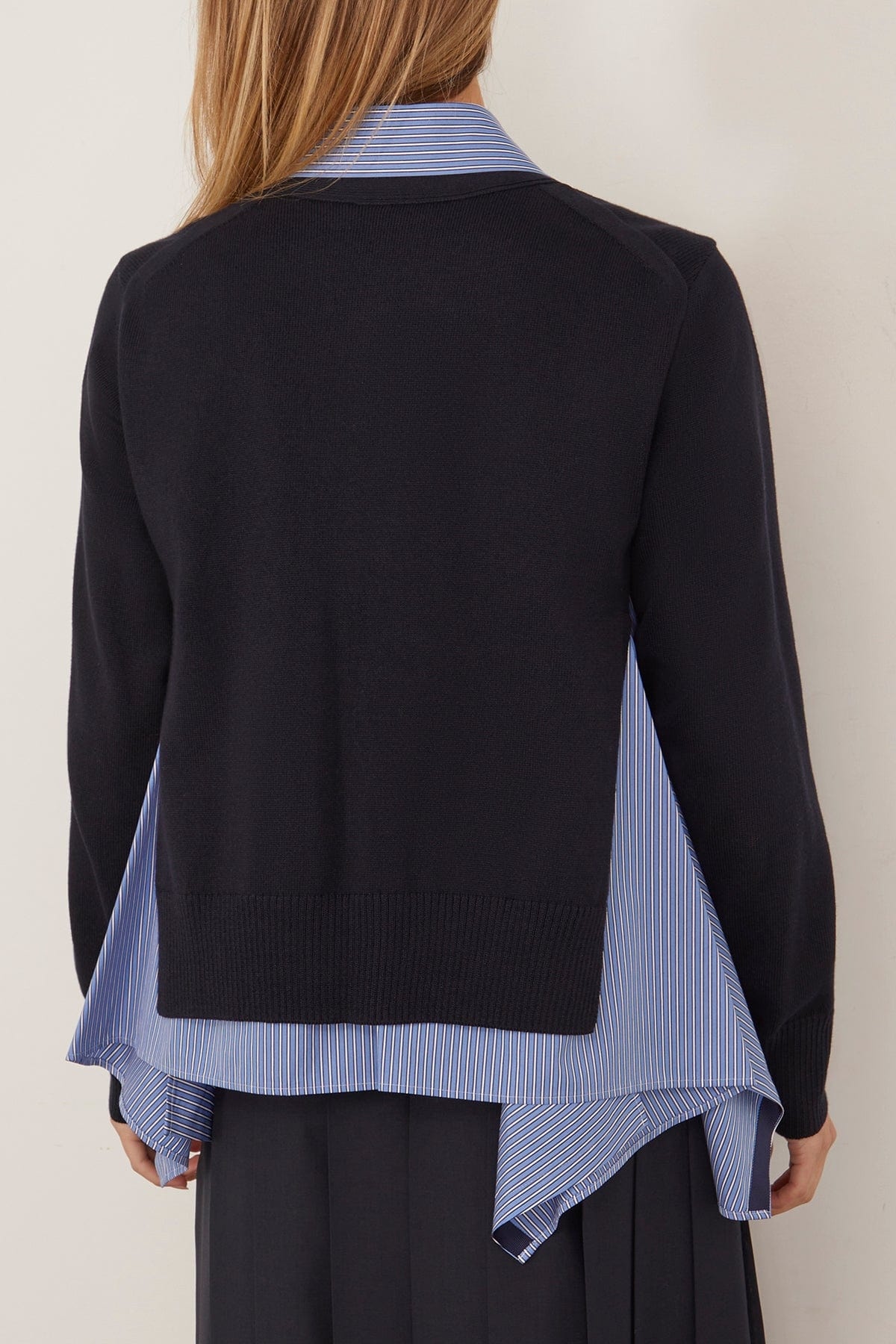 Cotton Poplin x Knit Cardigan in Navy and Blue Stripe - 4