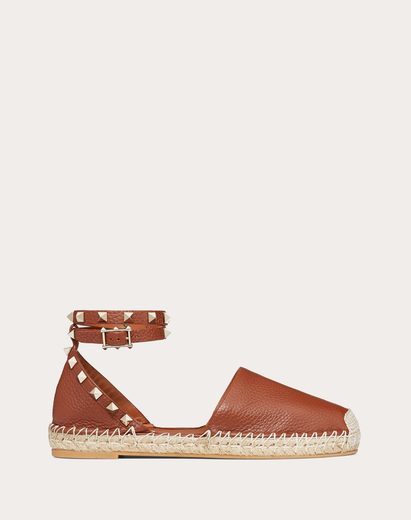 Grain Calfskin Leather Rockstud Double Flat Espadrilles - 1