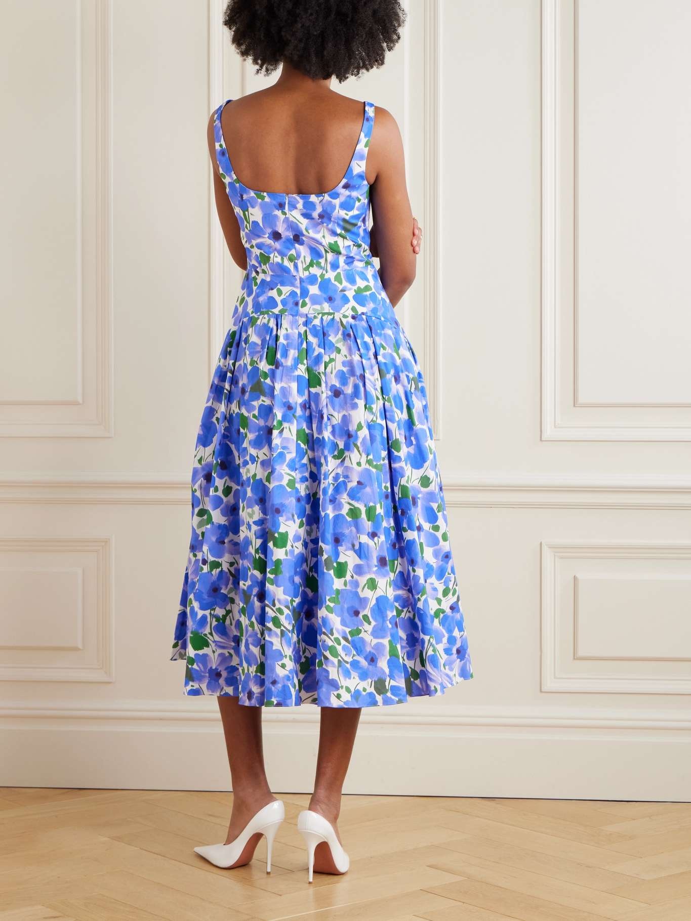 Pleated floral-print cotton-blend poplin midi dress Blue - 3