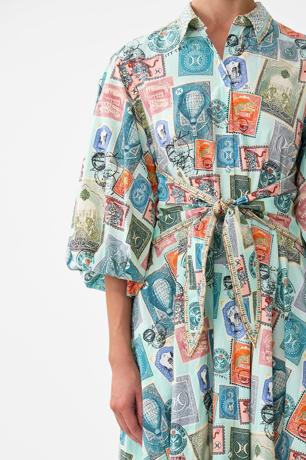 WAIST TIE SHIRT DRESS WITH BUBBLE SLEEVE - 5
