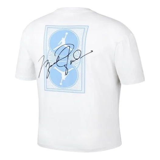 Men's Air Jordan Minimalistic Back Large Logo Printing Casual Round Neck Short Sleeve White Blue T-S - 1