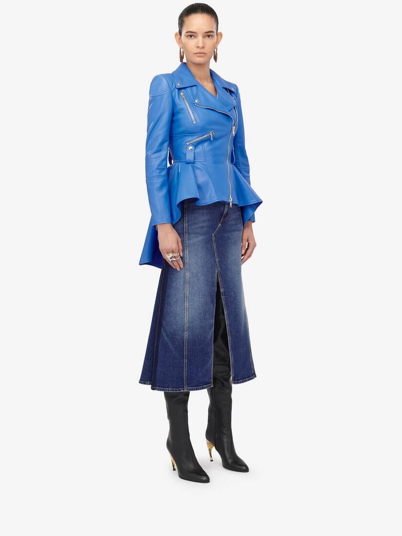 Women's Peplum Leather Jacket in Lapis Blue - 3