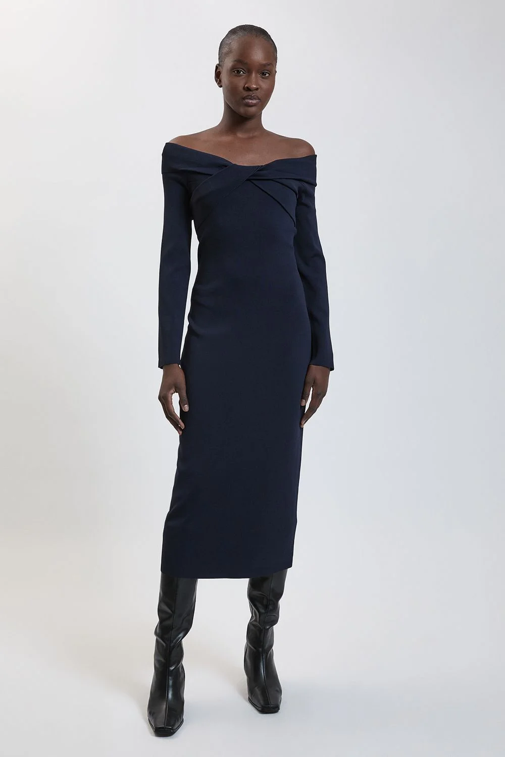 Twist Front Viscose Knitted Bardot Midi Dress - 1
