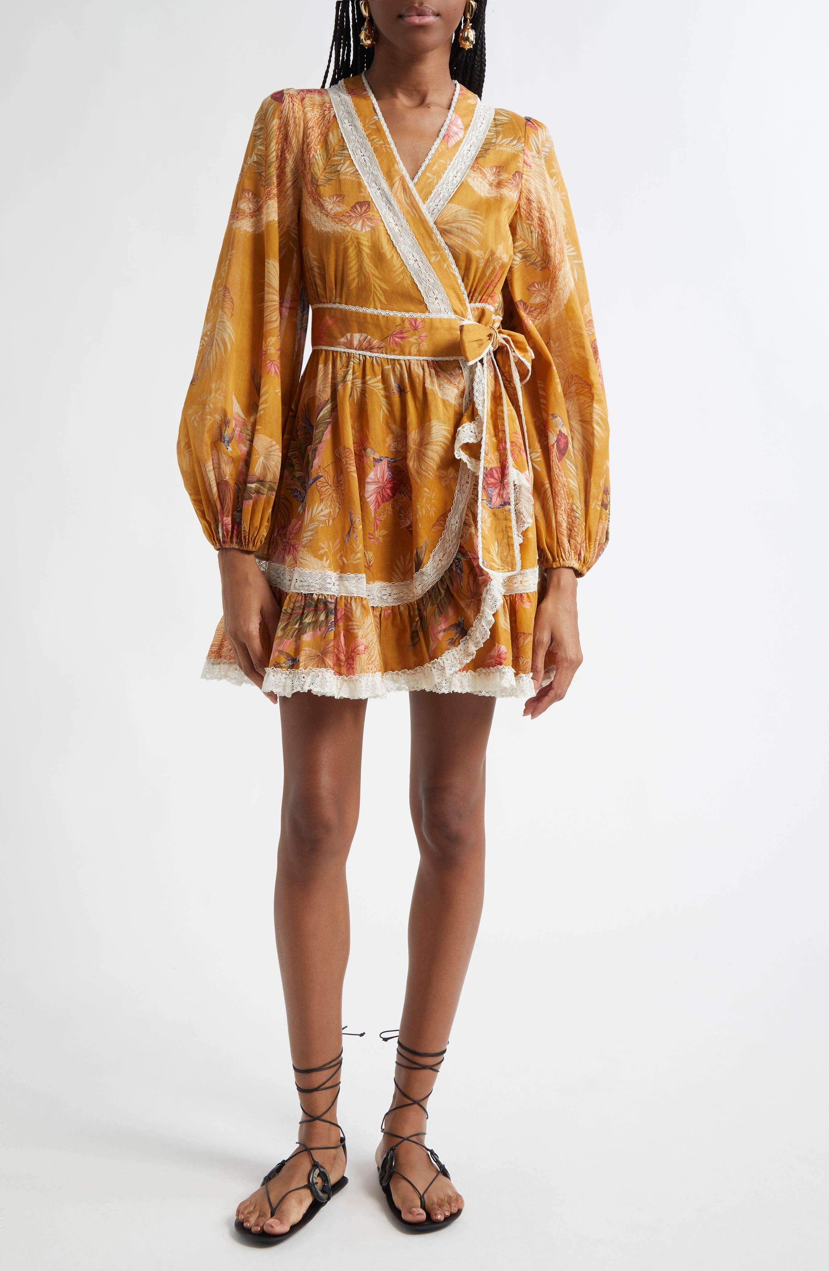 Zimmermann Ascension Lace Trim Long Sleeve Wrap Dress in Mustard Palm Floral at Nordstrom - 1