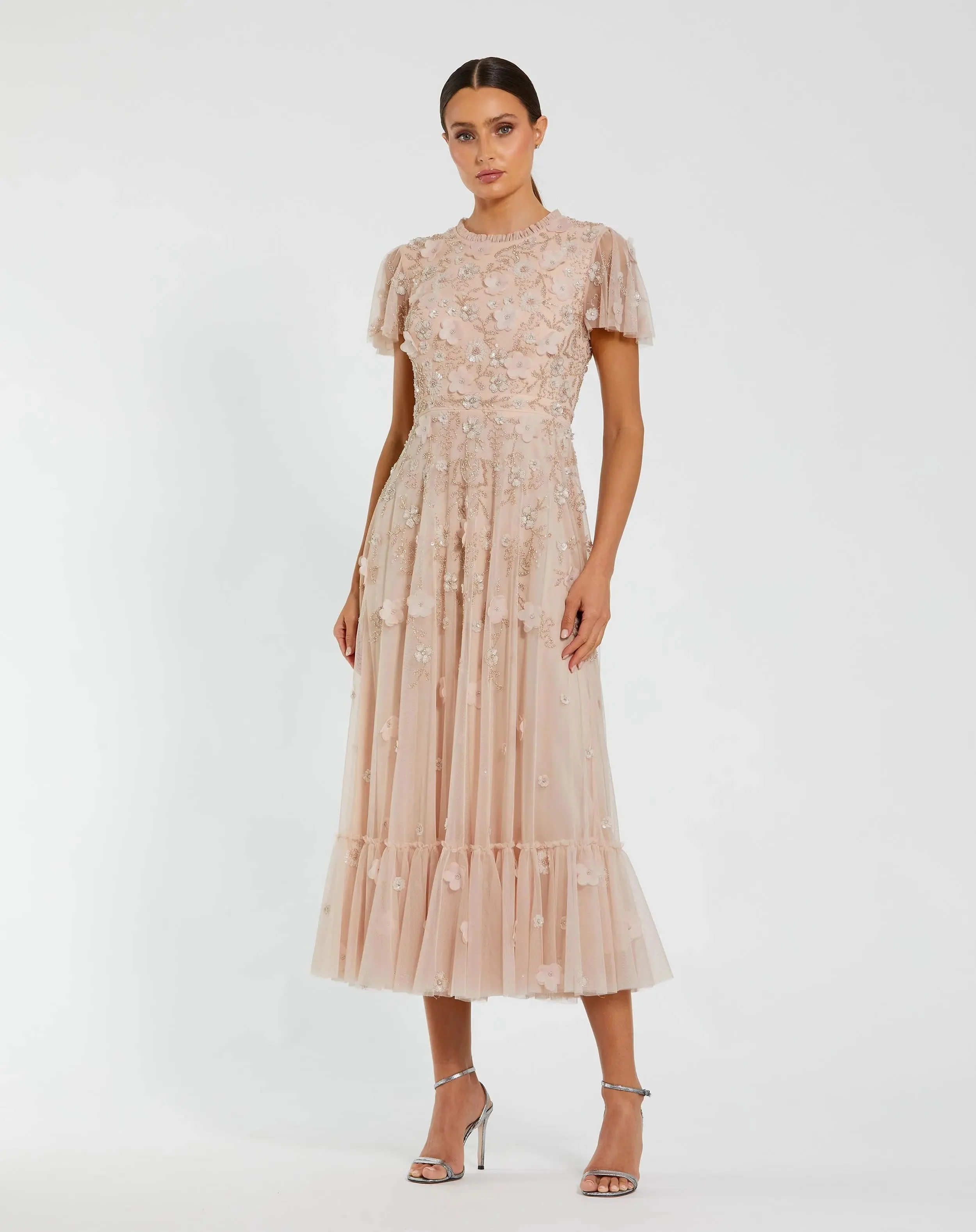 Blush Embellished High Neck Flutter Sleeve A Line Dress - 1