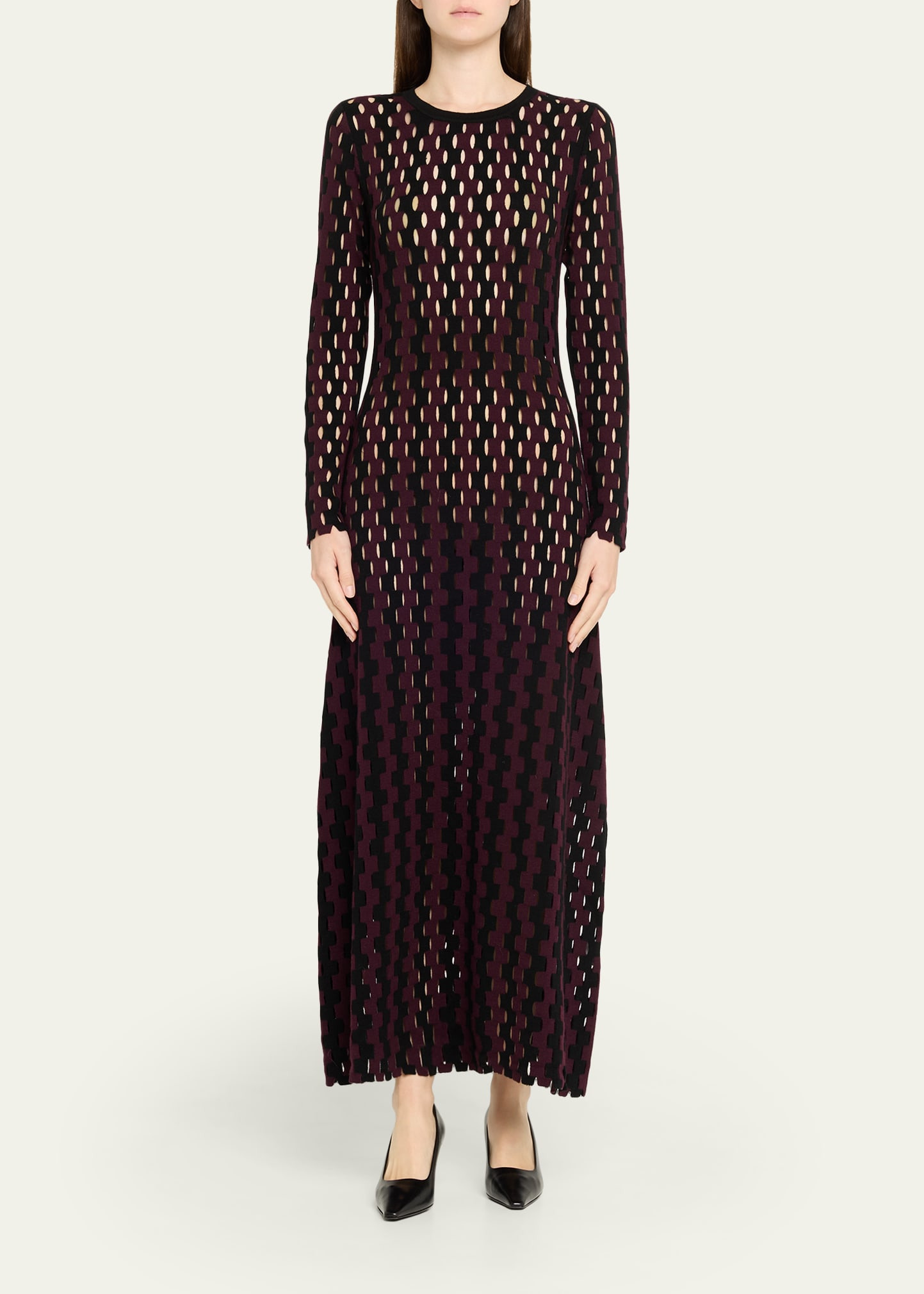 Natalie Two-Tone Open-Knit Long Sleeve Maxi Dress - 2