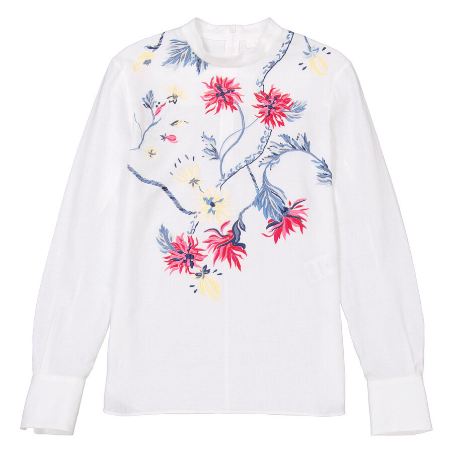 Chloe White Floral Embroidered Top In Linen Canvas - 5