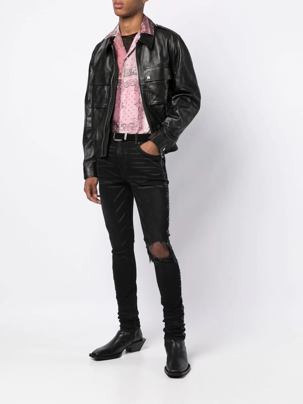 classic-collar leather jacket - 2