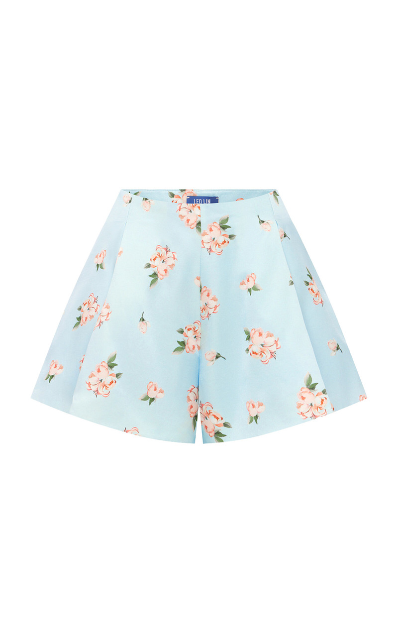 Abby Floral-Print High-Waisted Cotton-Silk Shorts light blue 1