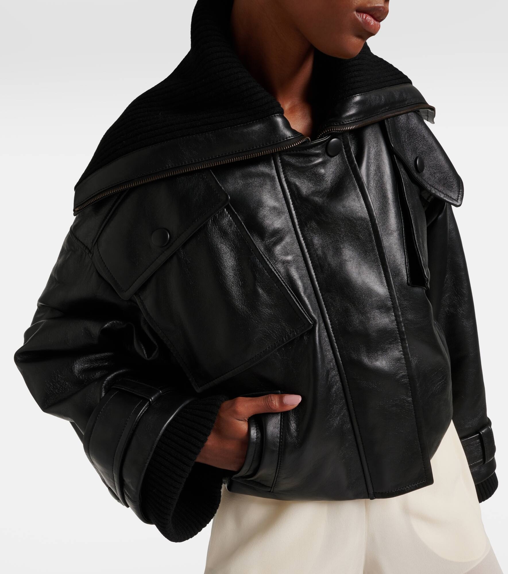 Cropped leather bomber jacket - 4