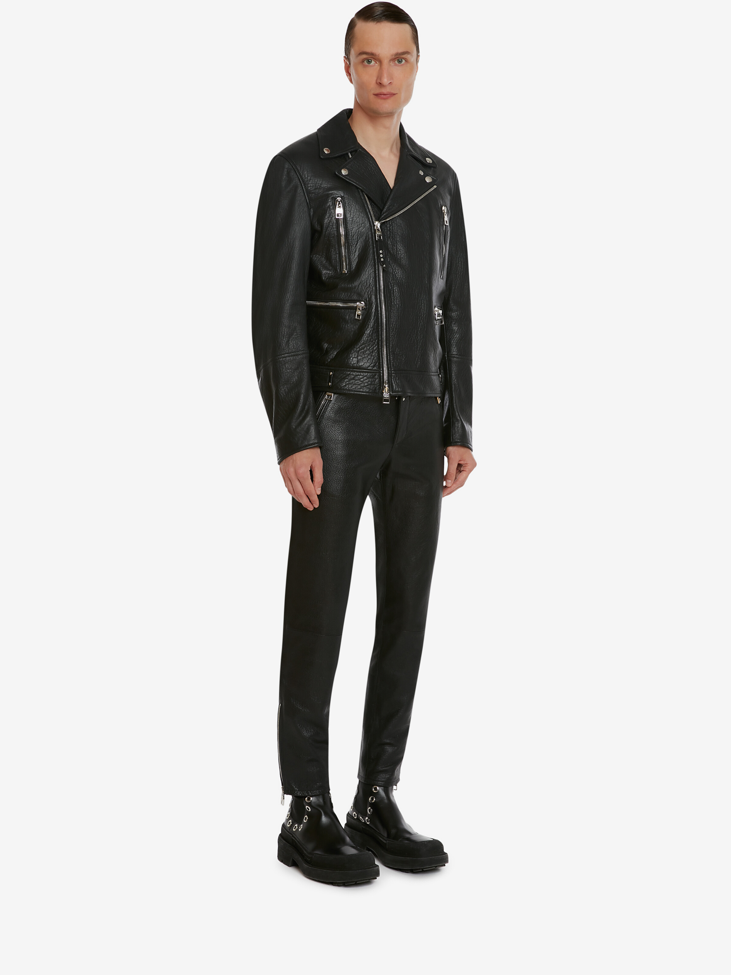 Men's McQueen Classic Leather Biker Jacket in Black - 3