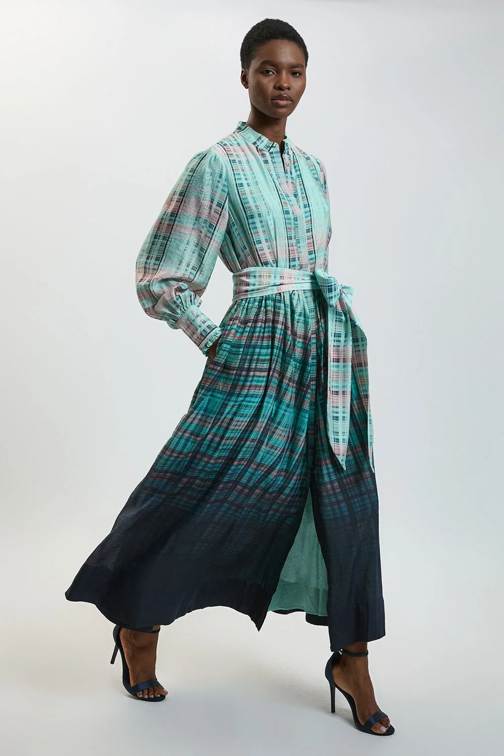 Blue Check Fluid Organza Belted Shirt Dress - 1