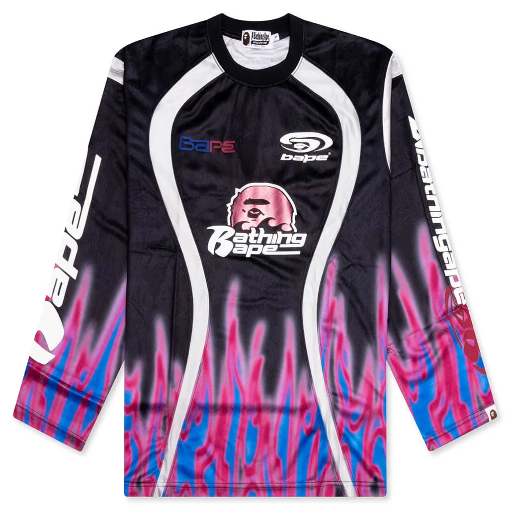 FLAME PATTERN MULTILOGO RELAXED FIT FOOTBALL JERSEY - BLACK - 1