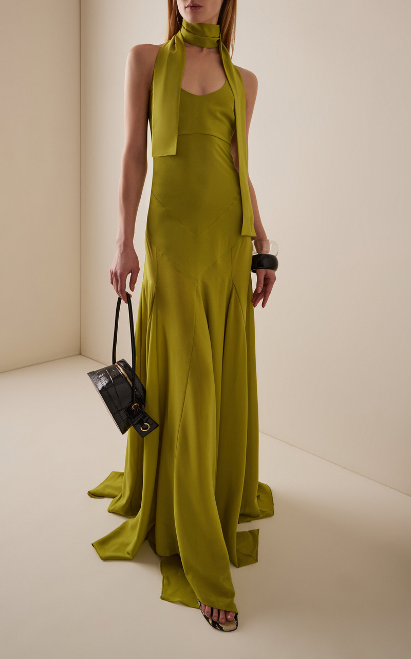 SIEDRÉS Exclusive Raye Scarf-Detailed Midi Halter Dress green outlook