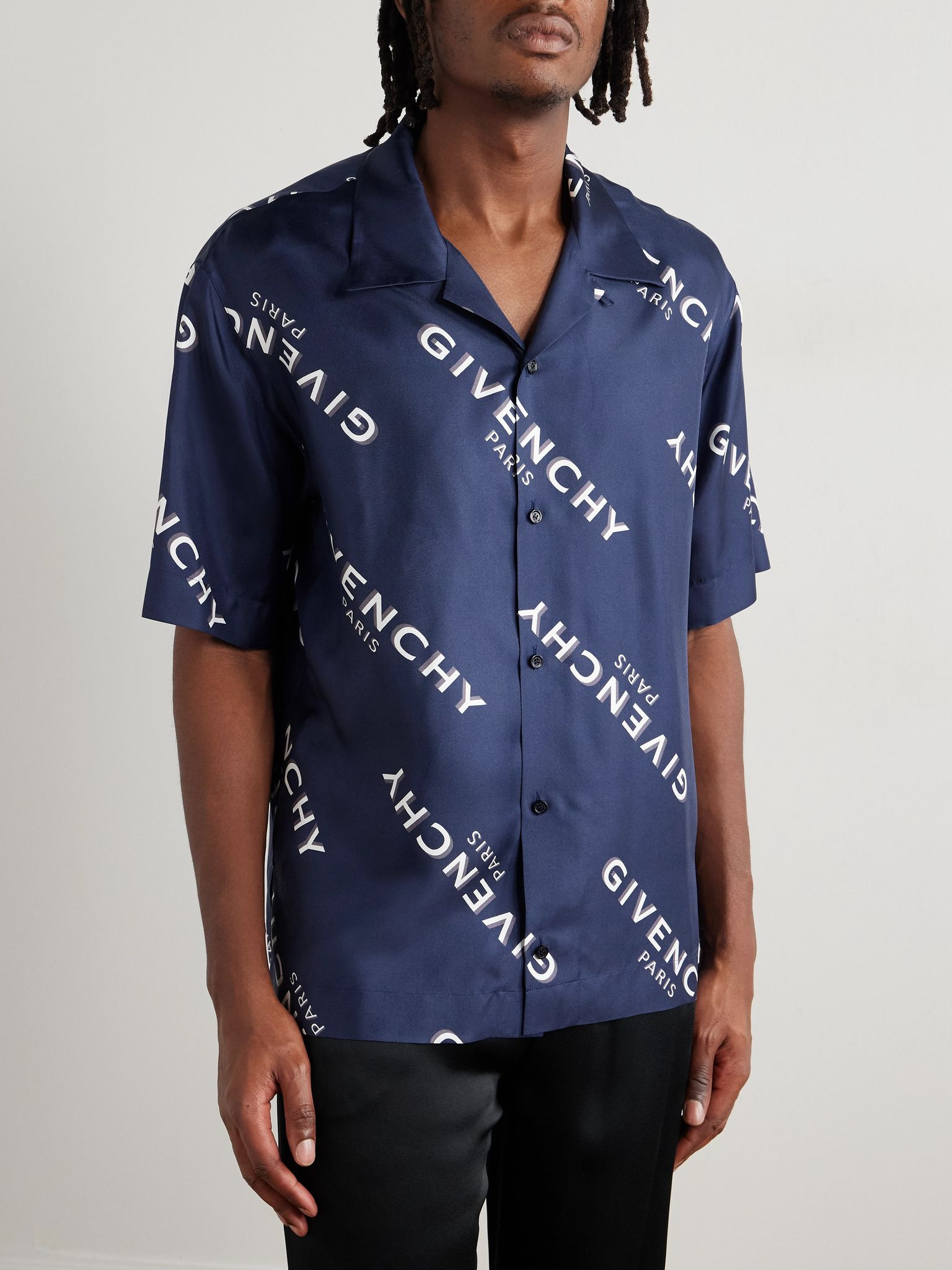 Convertible-Collar Logo-Print Silk-Twill Shirt Navy - 3