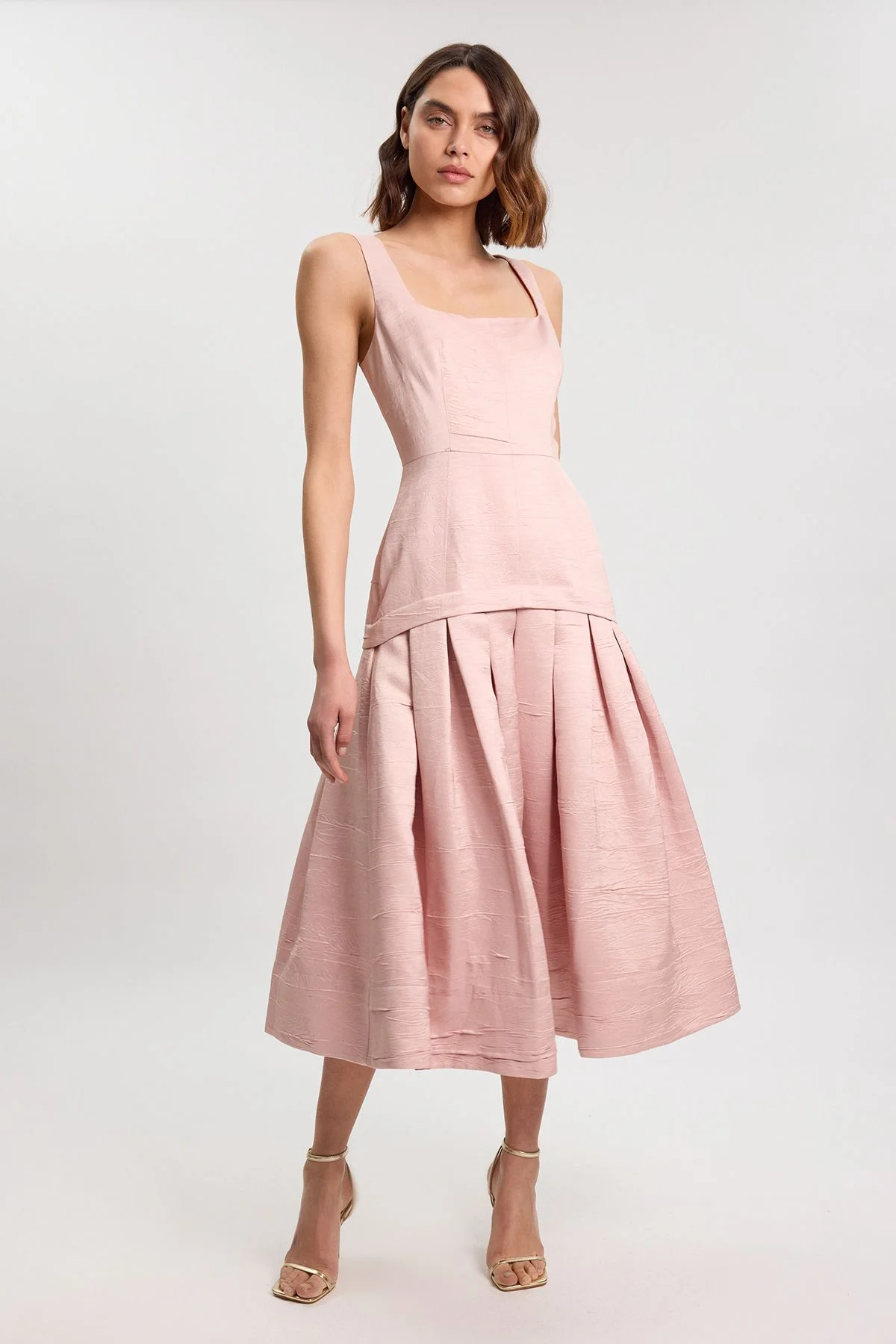 Textured Tailored Twill Full Skirt Midi Dress - 1