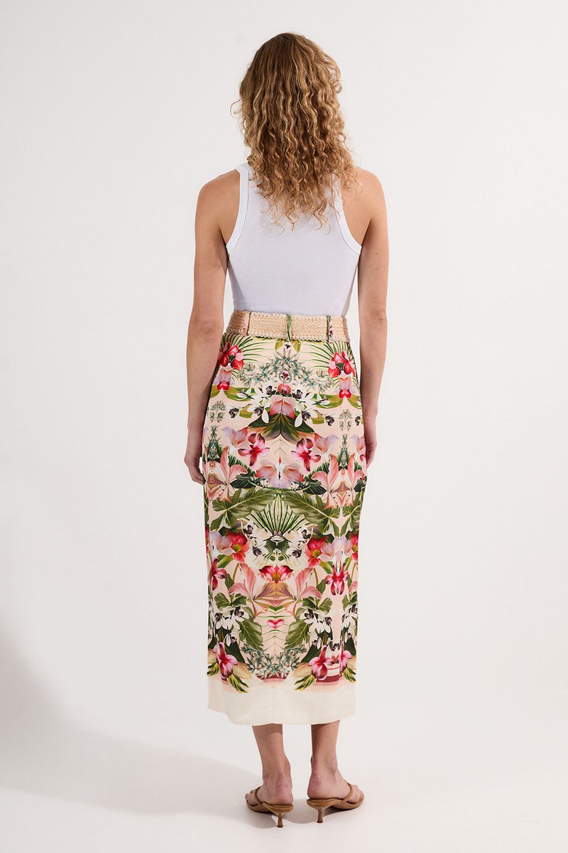Mirrored Viscose Linen Floral Print With Raffia Belt Woven Midi Skirt 5